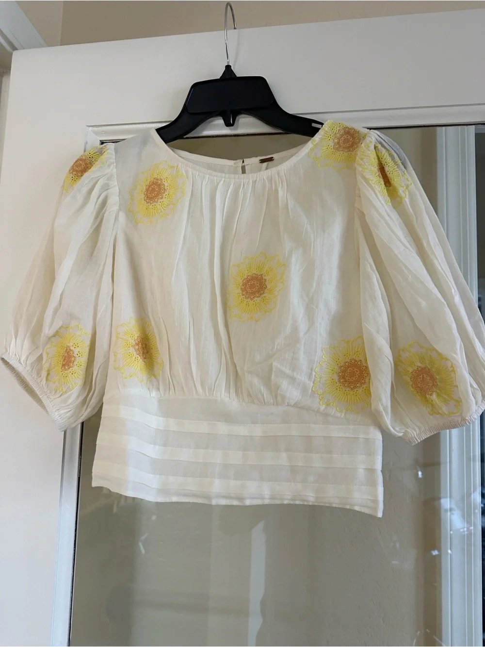 Free People White Peasant Top with Yellow Sunflower Embroidery